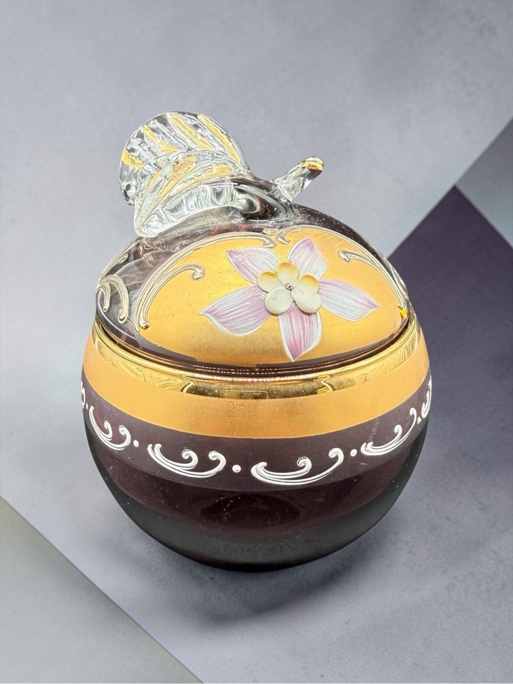 Czech Bohemia Purple Glass Apple Bonbon Jar 24K Gold High Enamel Lepka Flower